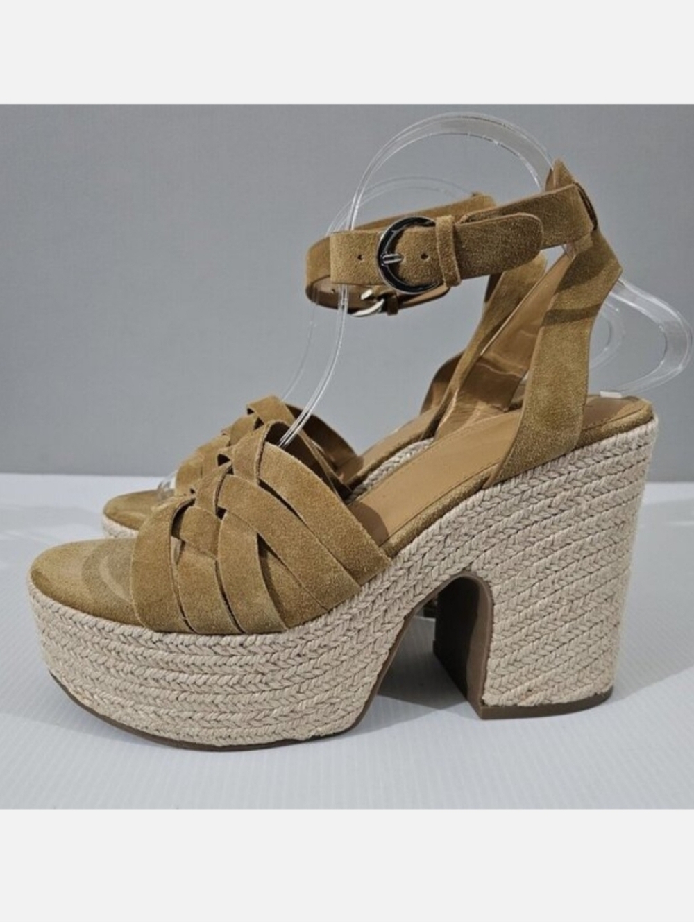 Marc Fisher Oaten Espadrille Platform Sandal Womens 8.5 Tan Suede Block Heel NEW